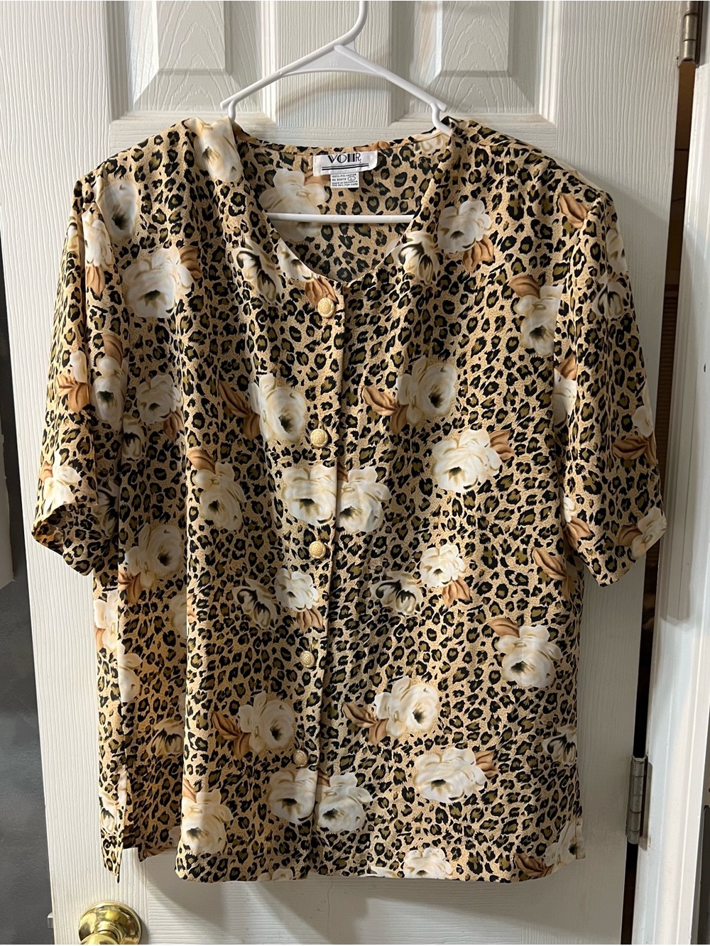 90s Vintage Voir Floral Leopard Button-Front Blouse, Shoulder Pads, Size Med